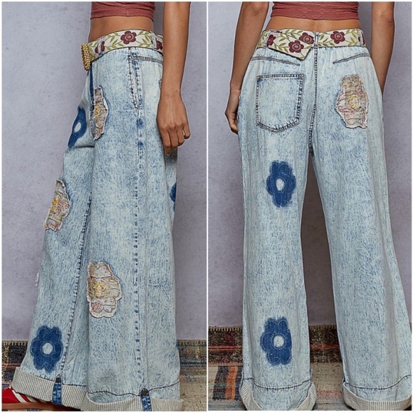 NWOT POL Mineral Wash Floral Print Patchwork Stretchy Waist Denim Wide leg Pants - Picture 2 of 4